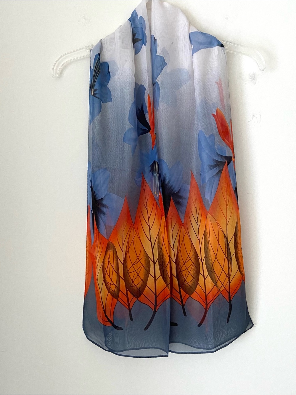 NWOT Floral Scarf Blue Orange Leaf Print Sheer Lightweight Wrap Long Scarf